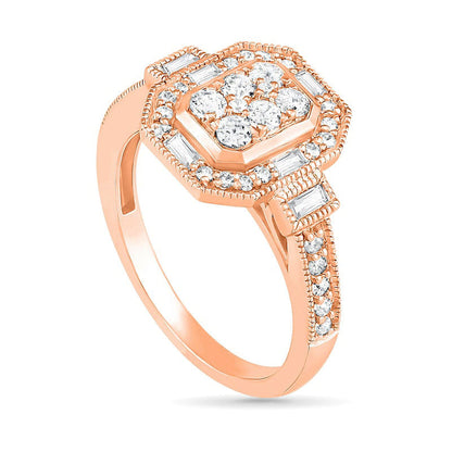0.75 CT. T.W. Composite Natural Diamond Elongated Octagonal Frame Antique Vintage-Style Bridal Engagement Ring Set in Solid 10K Rose Gold