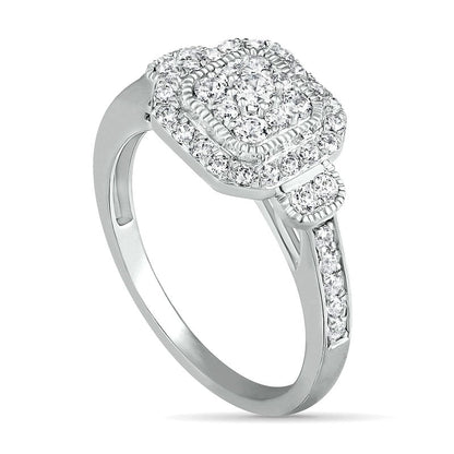 0.75 CT. T.W. Composite Cushion Natural Diamond Frame Antique Vintage-Style Bridal Engagement Ring Set in Solid 10K White Gold