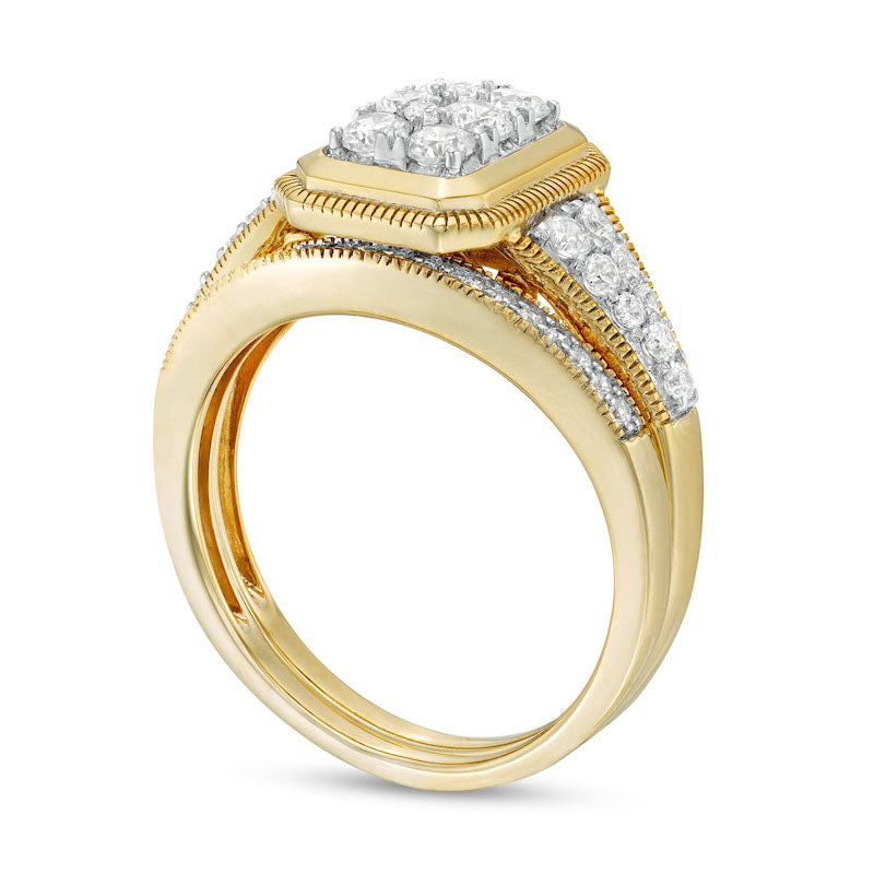 0.75 CT. T.W. Composite Natural Diamond Frame Antique Vintage-Style Bridal Engagement Ring Set in Solid 10K Yellow Gold