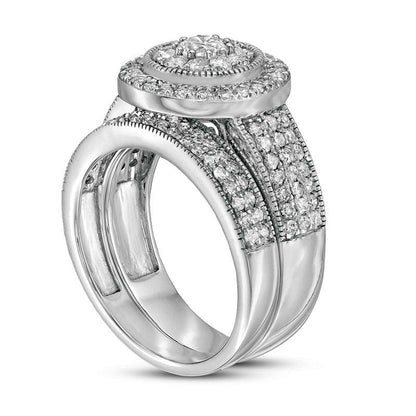 1.33 CT. T.W. Natural Diamond Double Frame Antique Vintage-Style Multi-Row Bridal Engagement Ring Set in Solid 10K White Gold