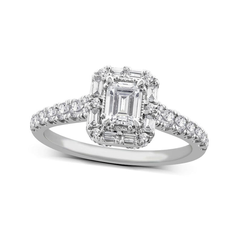 1.0 CT. T.W. Emerald-Cut Natural Diamond Frame Antique Vintage-Style Engagement Ring in Solid 14K White Gold