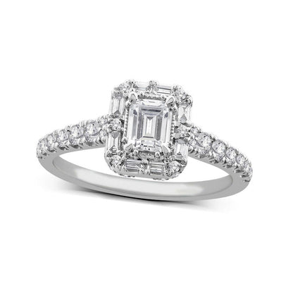 1.0 CT. T.W. Emerald-Cut Natural Diamond Frame Antique Vintage-Style Engagement Ring in Solid 14K White Gold