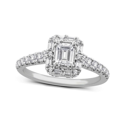 1.0 CT. T.W. Emerald-Cut Natural Diamond Frame Antique Vintage-Style Engagement Ring in Solid 14K White Gold