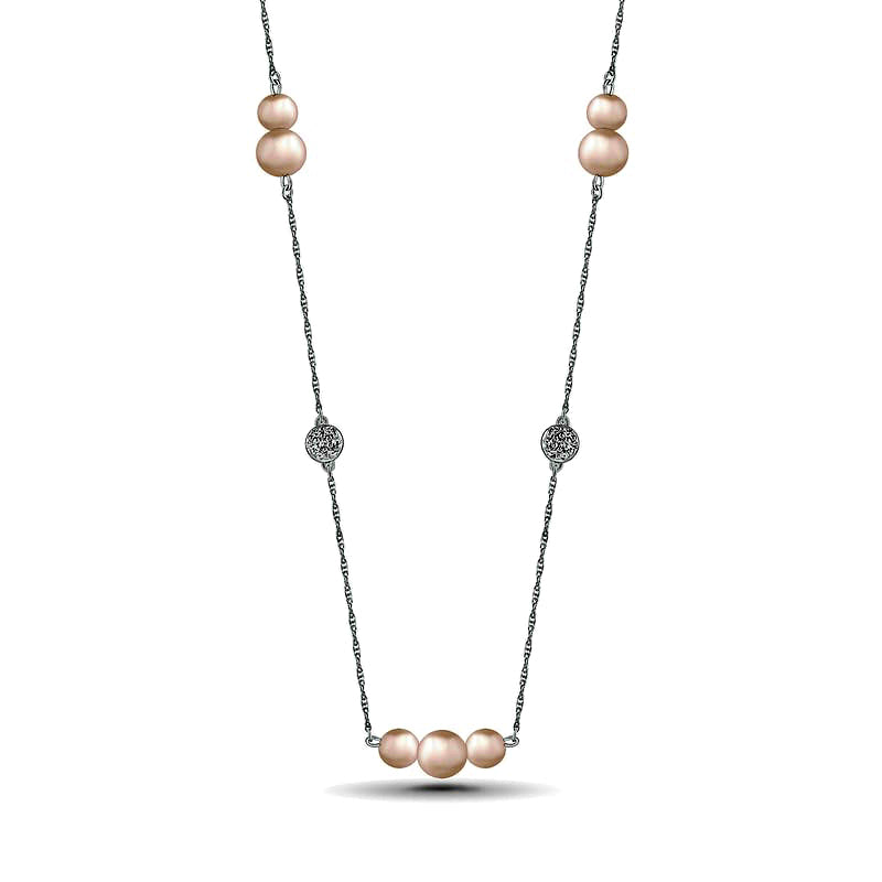 Cultured Freshwater Pearl and White Lab-Created Sapphire Cluster Alternating Station Necklace in Sterling Silver