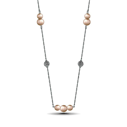 Cultured Freshwater Pearl and White Lab-Created Sapphire Cluster Alternating Station Necklace in Sterling Silver