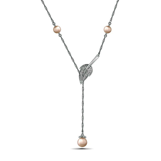 Cultured Freshwater Pearl and White Lab-Created Sapphire Leaf Accent Station Lariat Necklace in Sterling Silver