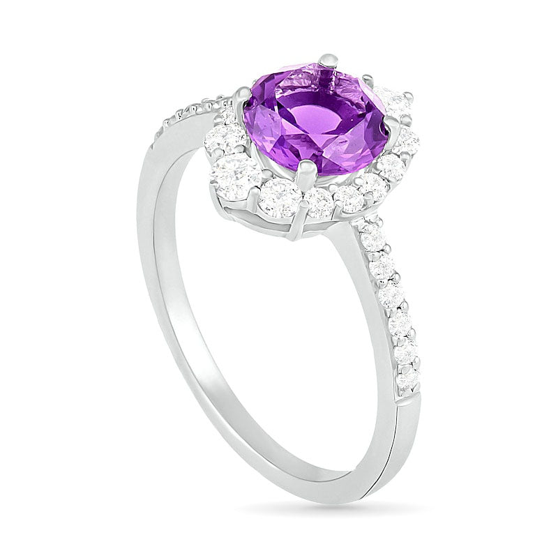 7.0mm Amethyst and White Lab-Created Sapphire Ornate Frame Ring in Sterling Silver