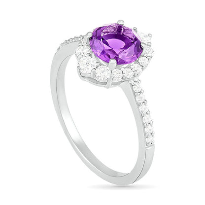 7.0mm Amethyst and White Lab-Created Sapphire Ornate Frame Ring in Sterling Silver