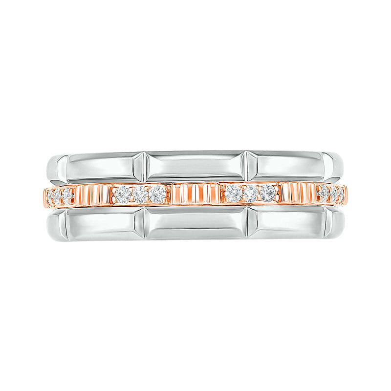 Men's 0.13 CT. T.W. Natural Diamond Textured Triple Row Wedding Band in Solid 10K Two-Tone Gold