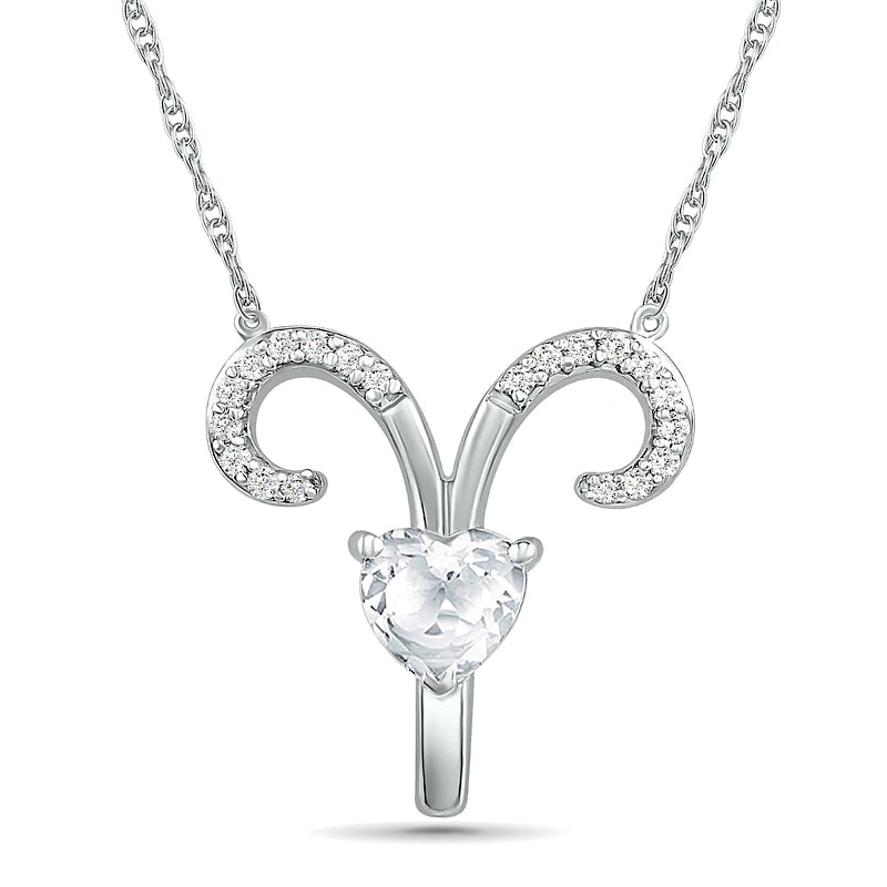 6.0mm Heart-Shaped and Round White Lab-Created Sapphire Aries Zodiac Sign Necklace in Sterling Silver