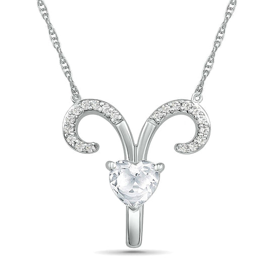 6.0mm Heart-Shaped and Round White Lab-Created Sapphire Aries Zodiac Sign Necklace in Sterling Silver