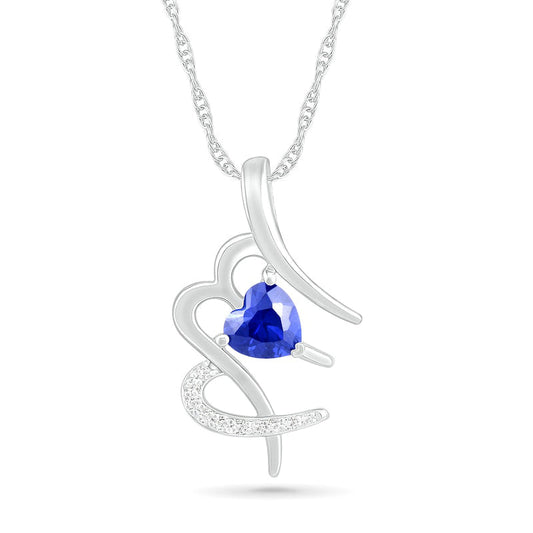 6.0mm Heart-Shaped Blue and White Lab-Created Sapphire Virgo Zodiac Sign Pendant in Sterling Silver