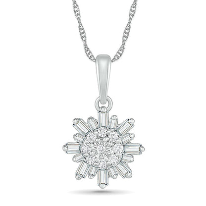 0.25 CT. T.W. Baguette and Round Natural Diamond Snowflake Pendant in 10K White Gold