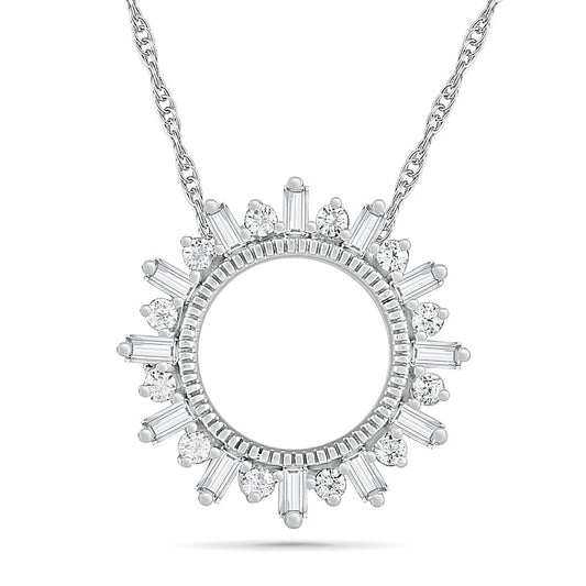 0.25 CT. T.W. Baguette and Round Natural Diamond Circle Sunburst Pendant in 10K White Gold