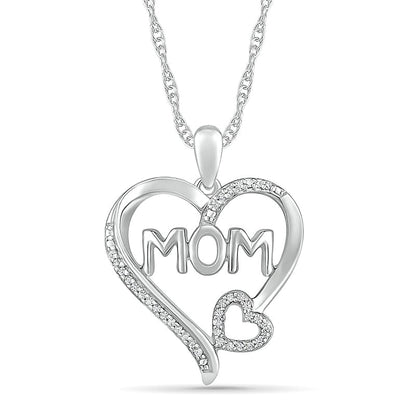 0.1 CT. T.W. Natural Diamond Double Heart MOM" Pendant in Sterling Silver"