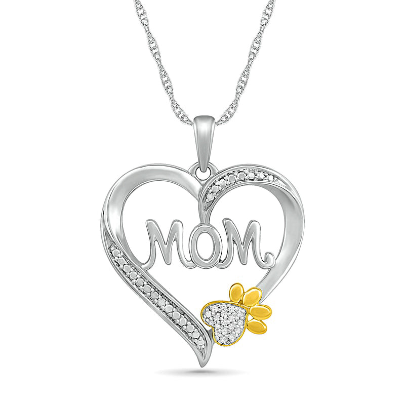 Natural Diamond Accent Heart Mom" with Paw Pendant in Sterling Silver and 10K Yellow Gold"