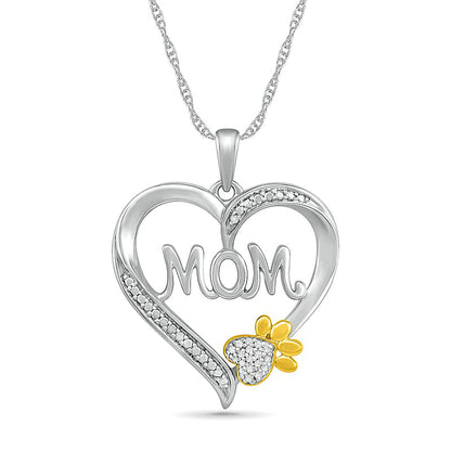 Natural Diamond Accent Heart Mom" with Paw Pendant in Sterling Silver and 10K Yellow Gold"