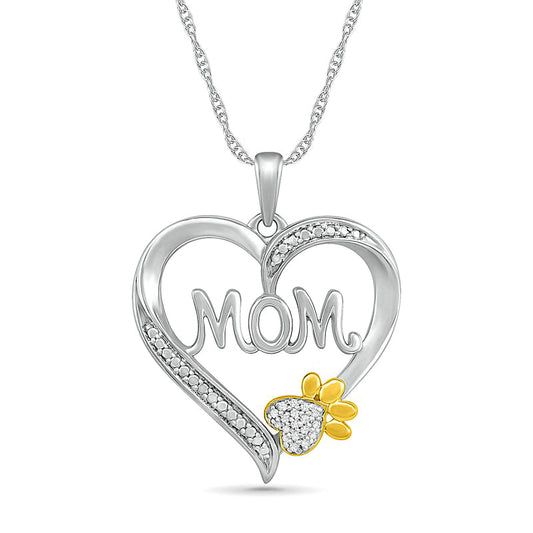 Natural Diamond Accent Heart Mom" with Paw Pendant in Sterling Silver and 10K Yellow Gold"