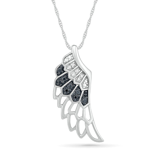 Black Enhanced and White Natural Diamond Accent Angel Wing Pendant in Sterling Silver