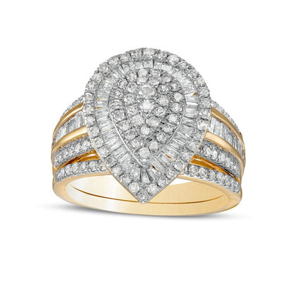 1.25 CT. T.W. Composite Baguette and Round Natural Diamond Layered Pear-Shape Frame Bridal Engagement Ring Set in Solid 10K Yellow Gold