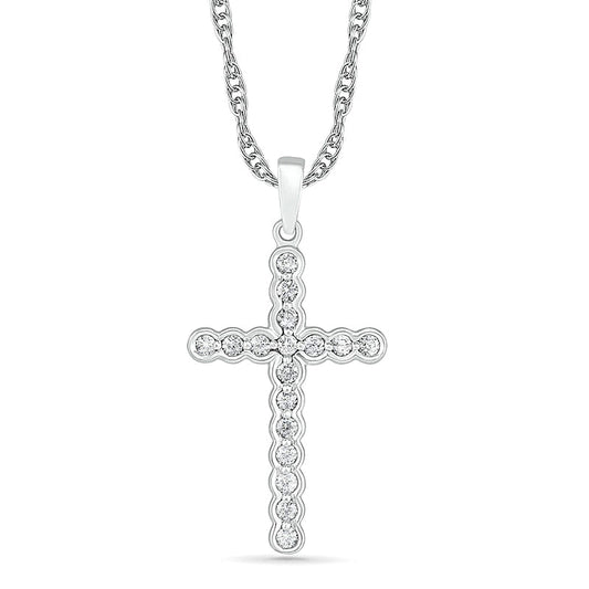 0.25 CT. T.W. Natural Diamond Scalloped Cross Necklace in 10K White Gold