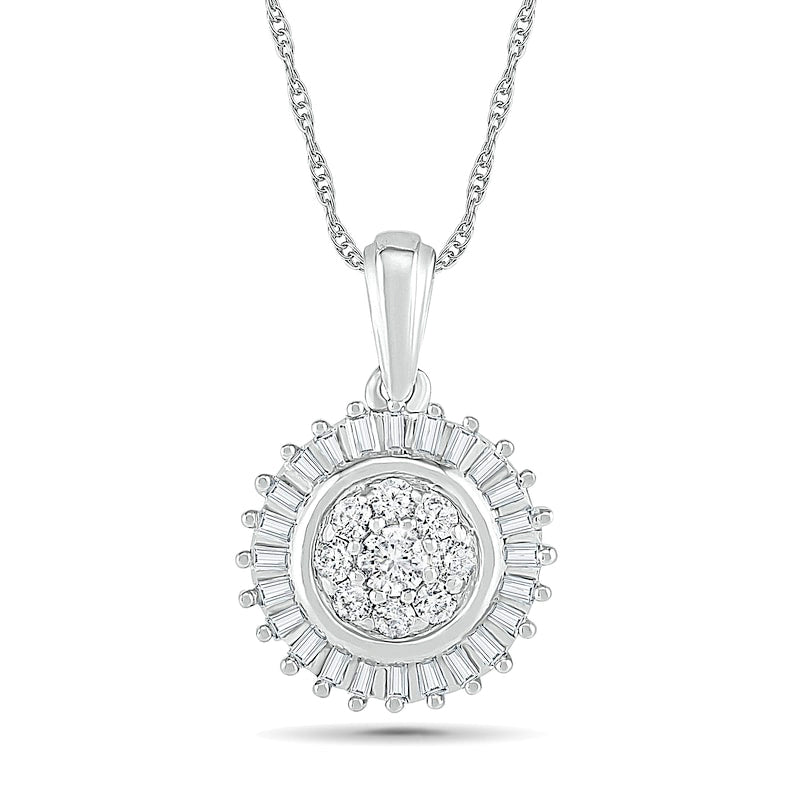 0.38 CT. T.W. Composite Baguette and Round Natural Diamond Sunburst Pendant in 10K White Gold