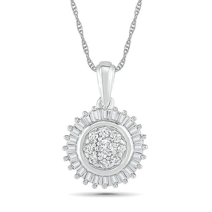 0.38 CT. T.W. Composite Baguette and Round Natural Diamond Sunburst Pendant in 10K White Gold