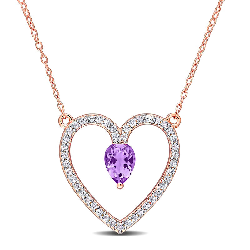 Pear-Shaped Amethyst and White Topaz Heart Outline Necklace in Sterling Silver with Rose Rhodium - 17