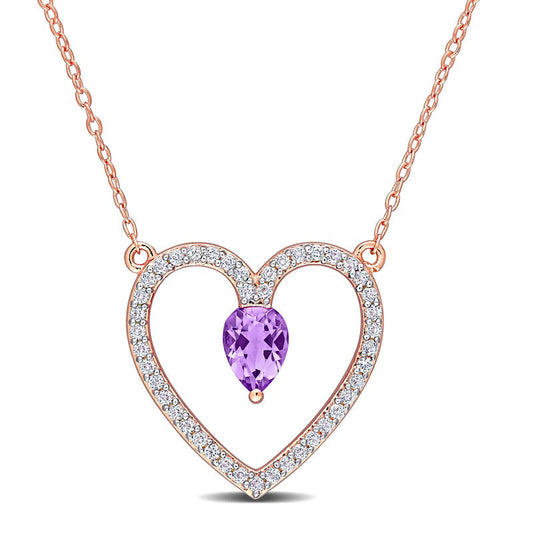 Pear-Shaped Amethyst and White Topaz Heart Outline Necklace in Sterling Silver with Rose Rhodium - 17