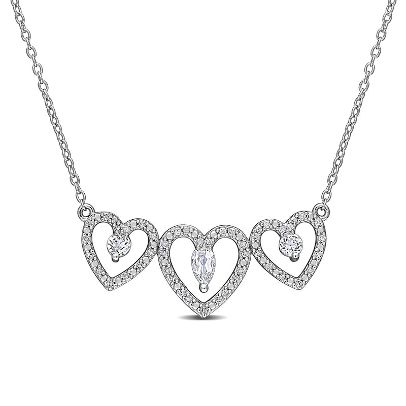 Pear-Shaped and Round White Topaz with 0.2 CT. T.W. Natural Diamond Heart Outline Trio Necklace in Sterling Silver - 17