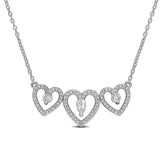 Pear-Shaped and Round White Topaz with 0.2 CT. T.W. Natural Diamond Heart Outline Trio Necklace in Sterling Silver - 17