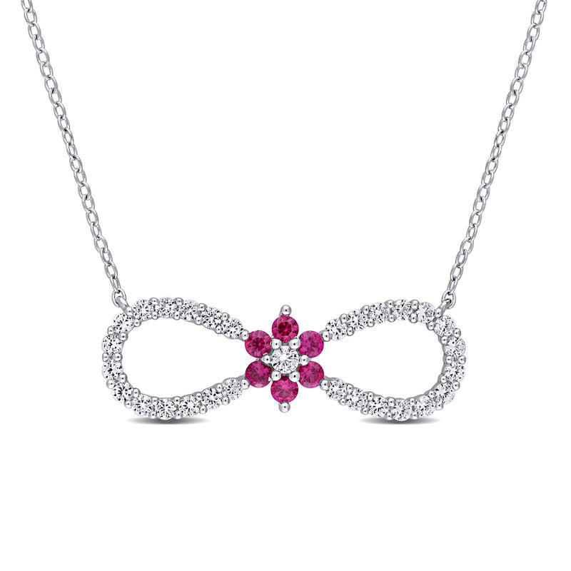 Lab-Created Ruby and White Sapphire Infinity with Flower Necklace in Sterling Silver - 17"