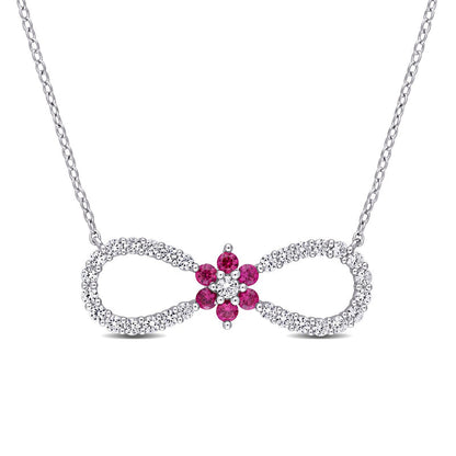 Lab-Created Ruby and White Sapphire Infinity with Flower Necklace in Sterling Silver - 17"