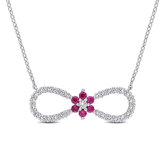 Lab-Created Ruby and White Sapphire Infinity with Flower Necklace in Sterling Silver - 17"
