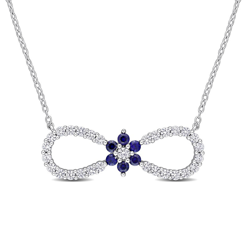 Lab-Created Blue and White Sapphire Infinity with Flower Necklace in Sterling Silver - 17