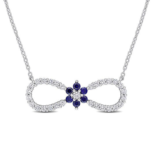 Lab-Created Blue and White Sapphire Infinity with Flower Necklace in Sterling Silver - 17