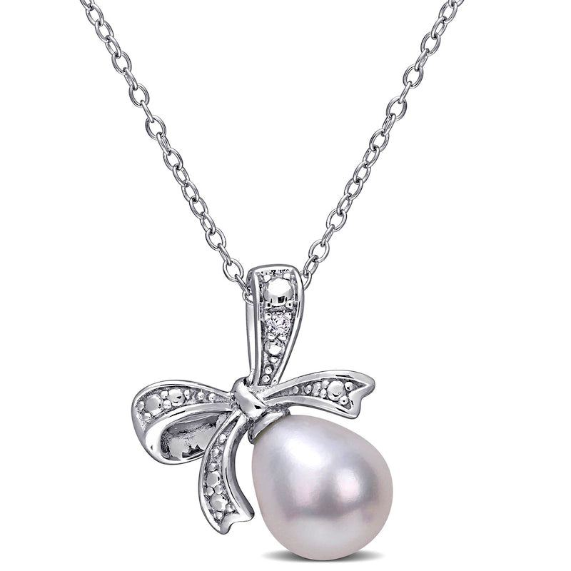 8.5-9.0mm Oval Cultured Freshwater Pearl and Natural Diamond Accent Bow Pendant in Sterling Silver