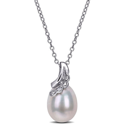 8.5-9.0mm Oval Cultured Freshwater Pearl and Natural Diamond Accent Scallop Ribbon Overlay Swirl Pendant in Sterling Silver