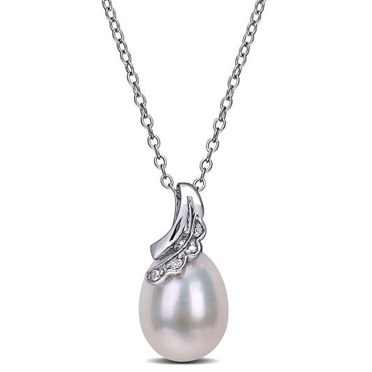 8.5-9.0mm Oval Cultured Freshwater Pearl and Natural Diamond Accent Scallop Ribbon Overlay Swirl Pendant in Sterling Silver