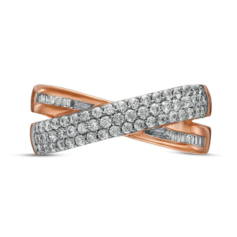 0.50 CT. T.W. Baguette and Round Natural Diamond Crossover Anniversary Band in Solid 10K Rose Gold