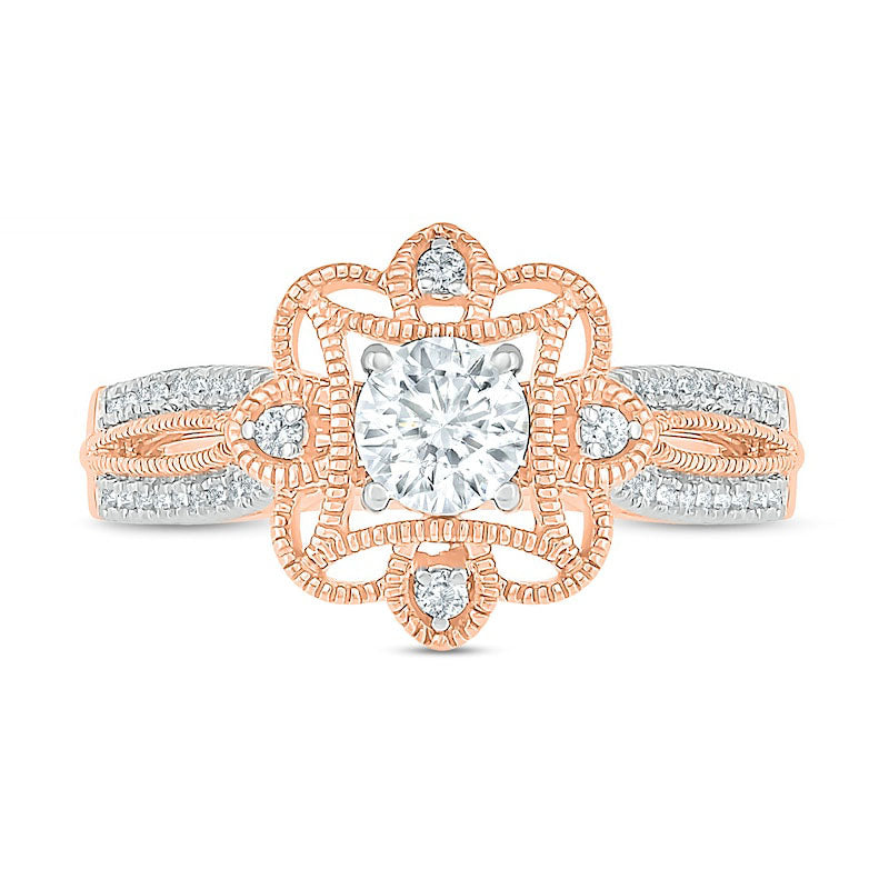 0.63 CT. T.W. Natural Diamond Flower Frame Antique Vintage-Style Engagement Ring in Solid 10K Rose Gold