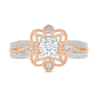 0.63 CT. T.W. Natural Diamond Flower Frame Antique Vintage-Style Engagement Ring in Solid 10K Rose Gold