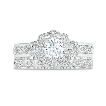 0.63 CT. T.W. Natural Diamond Scallop Edge Frame Antique Vintage-Style Bridal Engagement Ring Set in Solid 10K White Gold