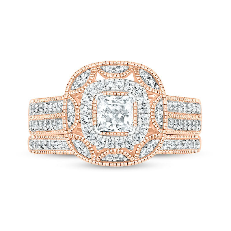 0.75 CT. T.W. Princess-Cut Natural Diamond Double Cushion Frame Antique Vintage-Style Bridal Engagement Ring Set in Solid 10K Rose Gold