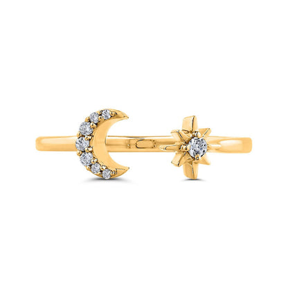 0.07 CT. T.W. Natural Diamond Crescent Moon and Eight-Point Star Open Ring in Solid 10K Yellow Gold