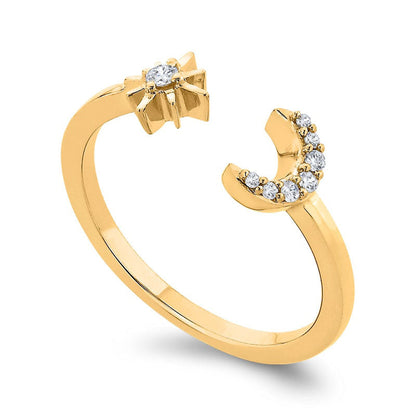 0.07 CT. T.W. Natural Diamond Crescent Moon and Eight-Point Star Open Ring in Solid 10K Yellow Gold