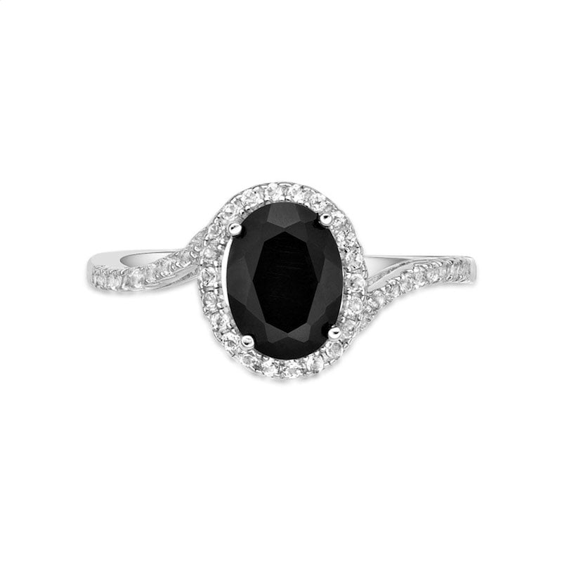 Oval Onyx and White Topaz Frame Bypass Ring in Sterling Silver