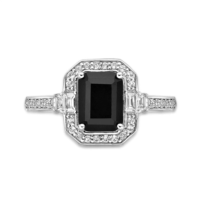 Emerald-Cut Onyx and White Topaz Octagon Frame Ring in Sterling Silver