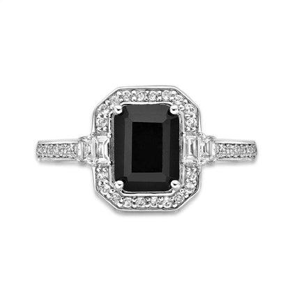 Emerald-Cut Onyx and White Topaz Octagon Frame Ring in Sterling Silver