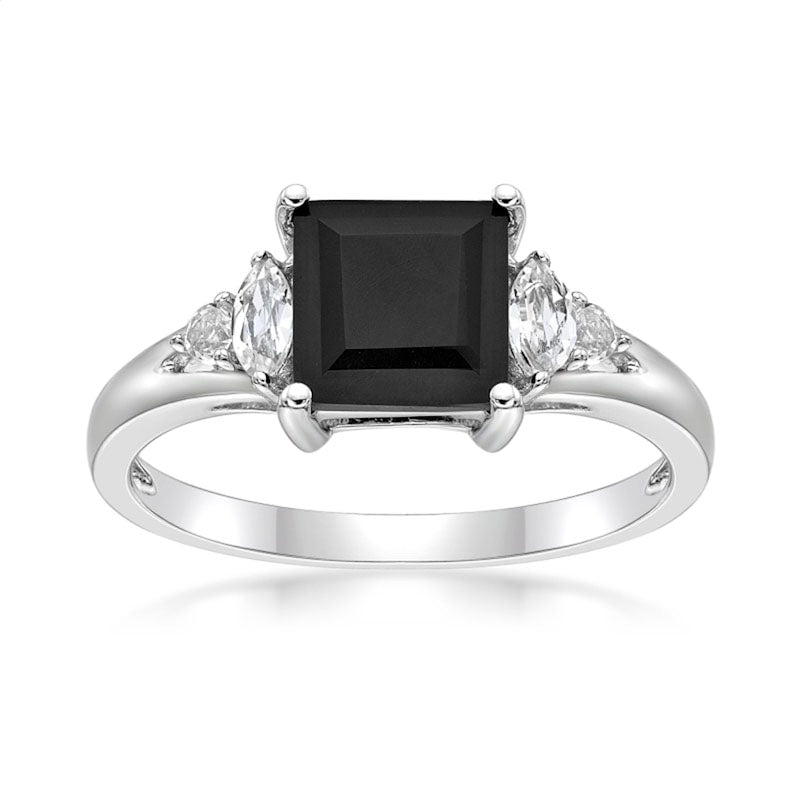 Princess-Cut Onyx and Multi-Shape White Topaz Ring in Sterling Silver